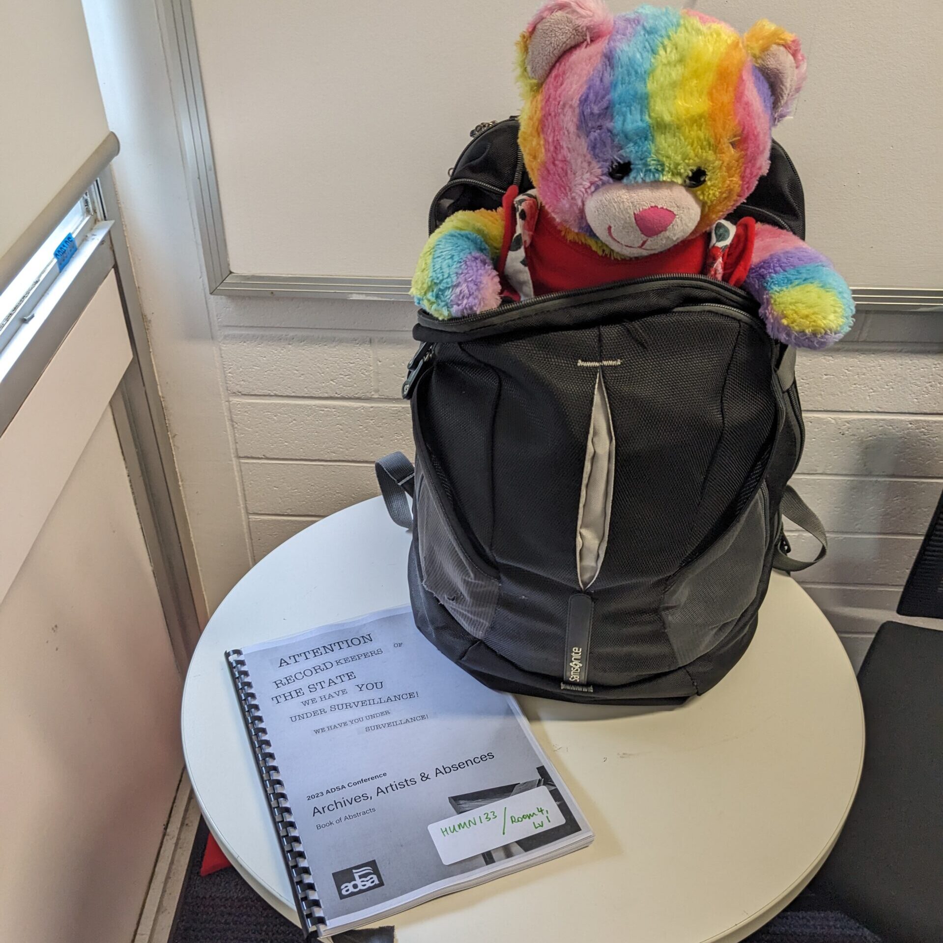 Photo of a rainbow-coloured teddy bear poking out of a backpack and a presenter booklet for the ADSA conference 2023.